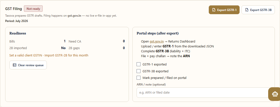 GST Filing handoff panel